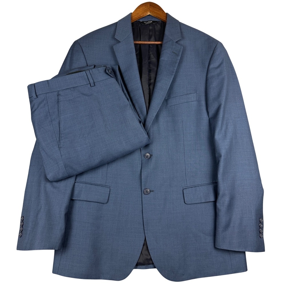 Jos A Bank Traveler Collection Blue Wool 2pc Suit 44L Pants 38/33 Tailored Fit